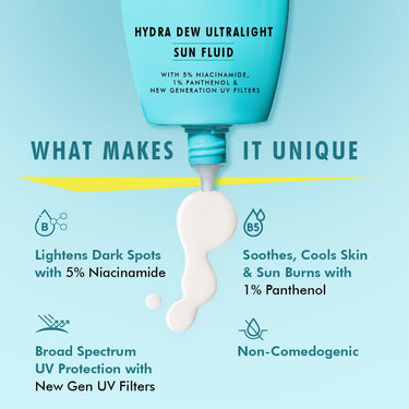 mCaffeine Hydra Dew Ultralight Sun Fluid SPF50 PA++++ UVA/UVB Blue Light Protection|Water Like Glow Texture|Lightweight, Non-Sticky, Quick Absorbing|No White Cast|All Skin Types|For Men/Women - 50ml